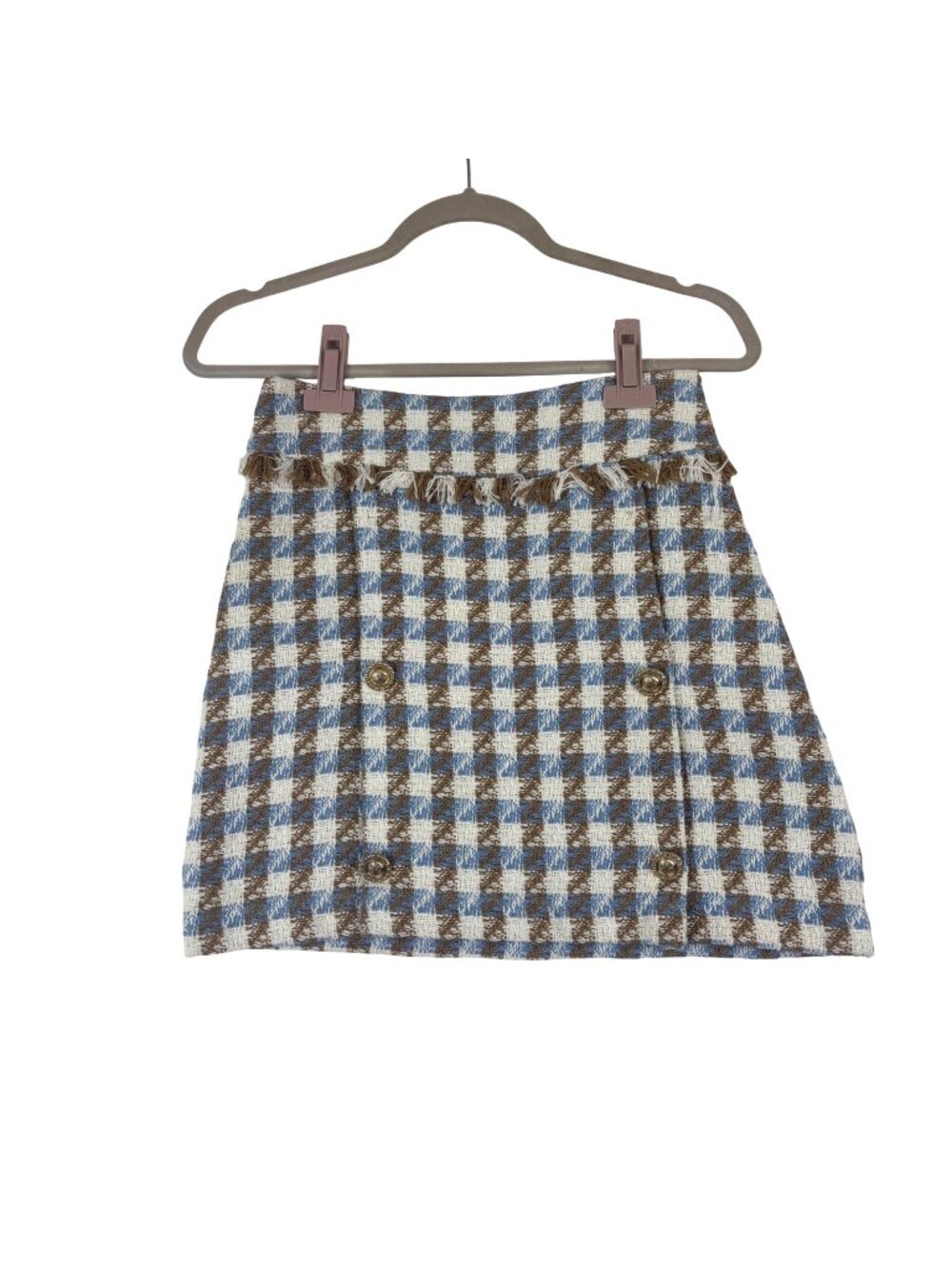 ✨3/$30 NWT Rinascimento S Blue Brown Plaid Italian Tweed Mini Skirt Fringe